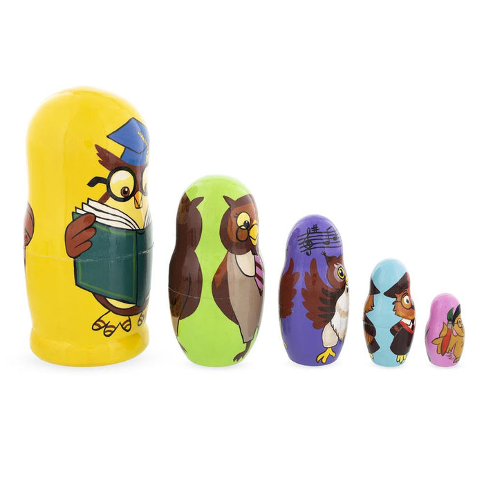 BestPysanky Set of 5 Owls Professors Wooden Nesting Dolls 6 Inches