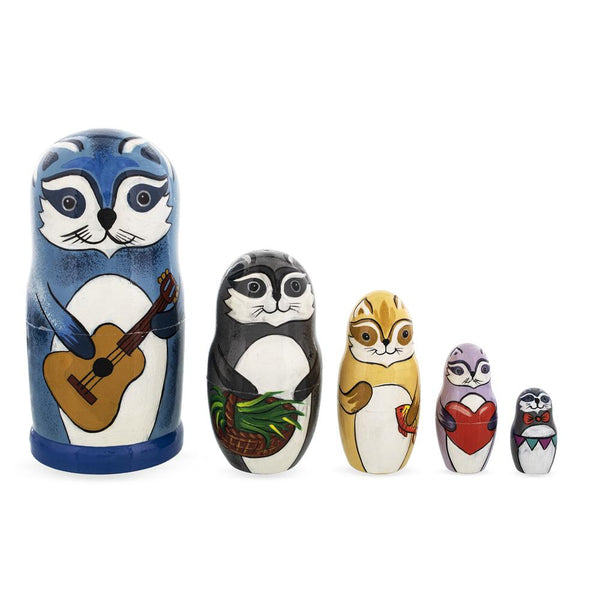 BestPysanky Set of 5 Raccoon Family Wooden Nesting Dolls 6 Inches