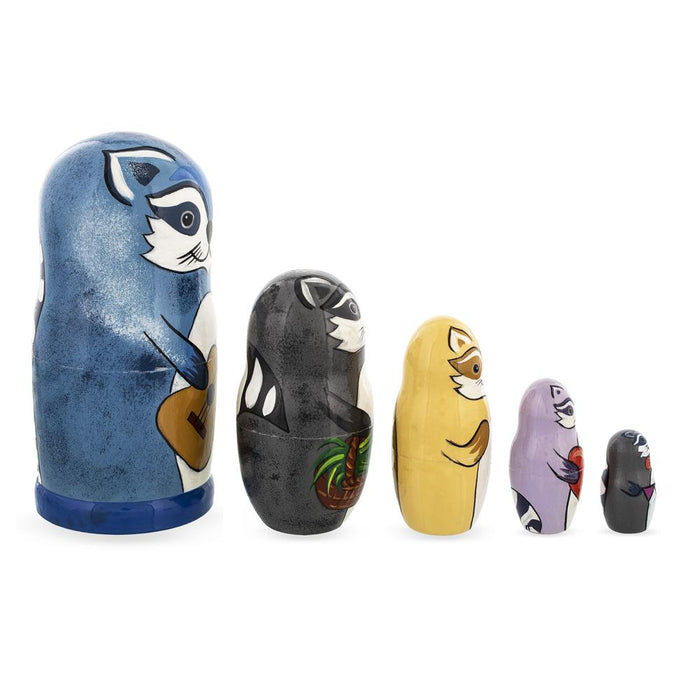 BestPysanky Set of 5 Raccoon Family Wooden Nesting Dolls 6 Inches