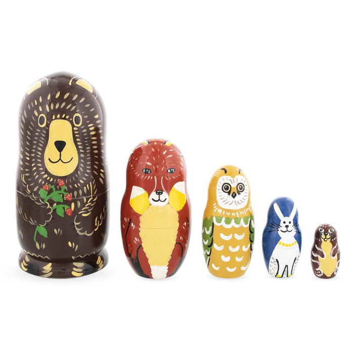 BestPysanky Set of 5 Bear, Fox, Owl, Bunny & Otter Wooden Nesting Dolls 6 Inches