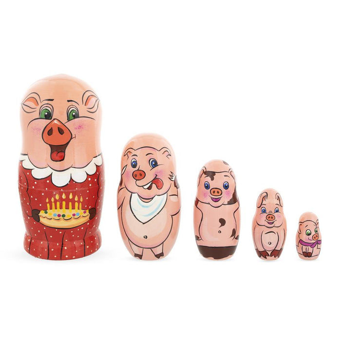 BestPysanky Set of 5 Pigs Celebration Wooden Nesting Dolls 6 Inches