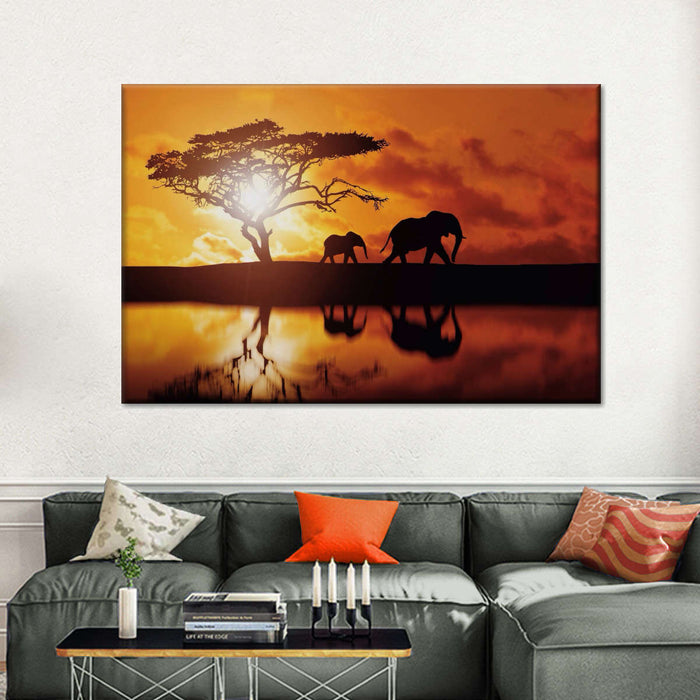 ElephantStock Elephant Silhouettes At Sunset Wall Art