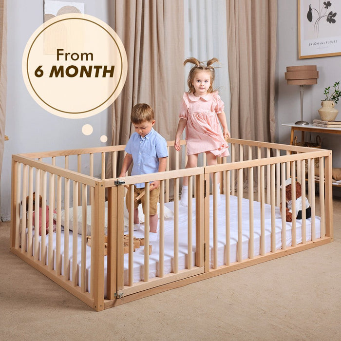 Goodevas Full Montessori Floor Bed Frame for Toddlers with Fence and Wooden Slats (75*54 inch)