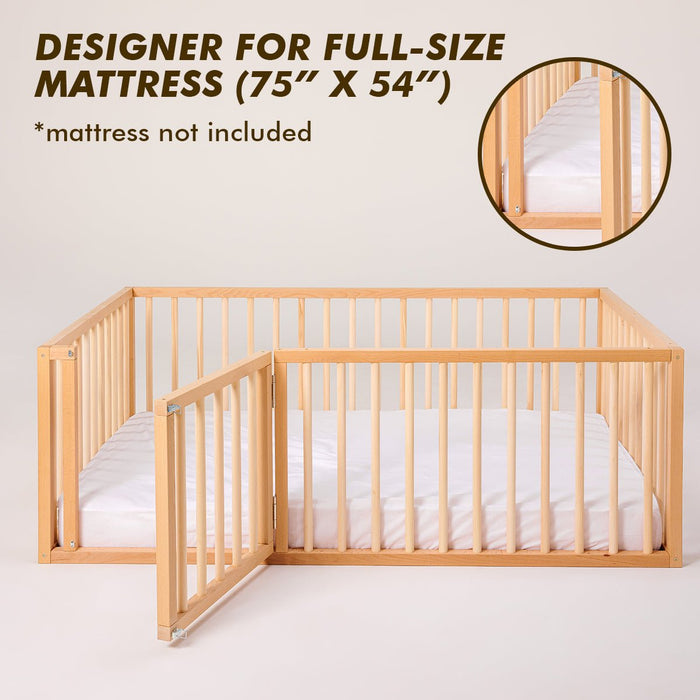 Goodevas Full Montessori Floor Bed Frame for Toddlers with Fence and Wooden Slats (75*54 inch)