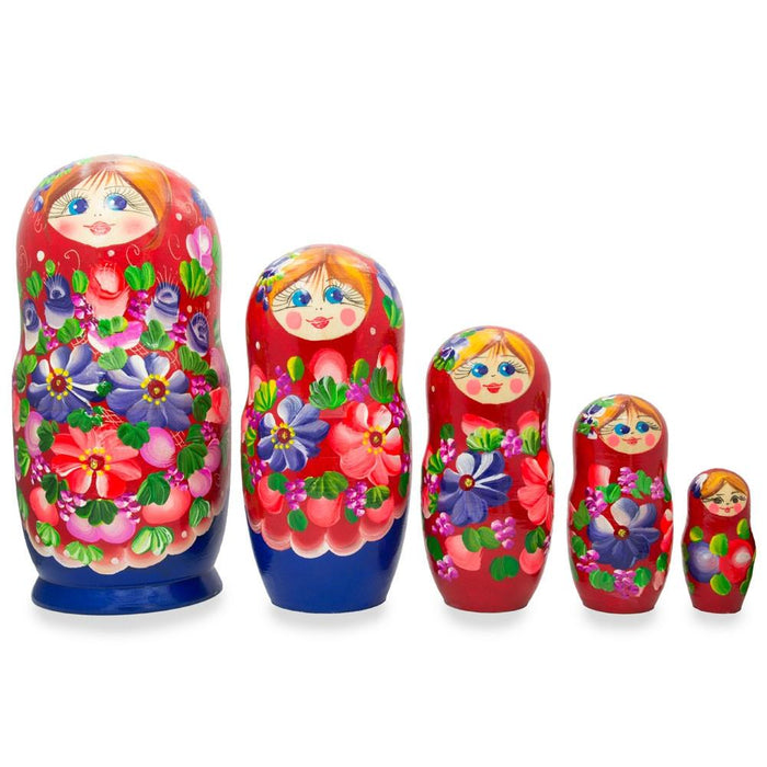 BestPysanky Set of 5 Flowers on Red Scarf Wooden Nesting Dolls 7.25 Inches