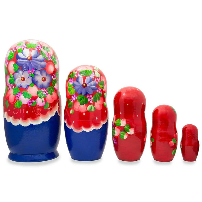 BestPysanky Set of 5 Flowers on Red Scarf Wooden Nesting Dolls 7.25 Inches