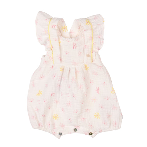 Bebe Sweeny Girls Floral Muslin Romper with Yellow Piping