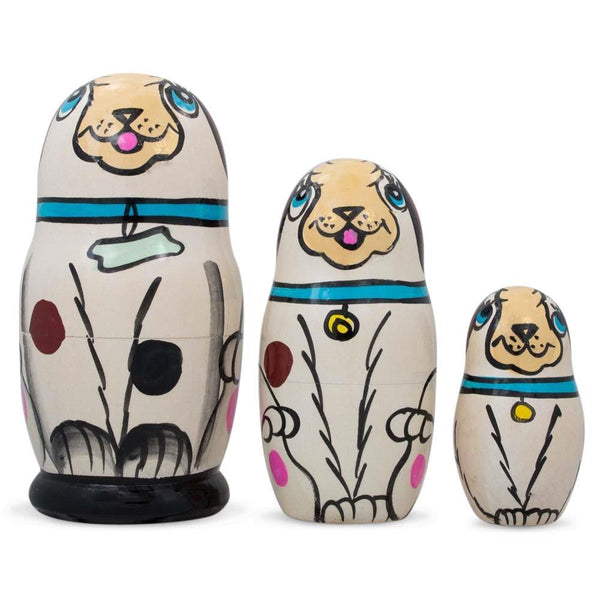 BestPysanky 3 White Dog with Bone Collar Wooden Nesting Dolls Matryoshka 4.25 Inches