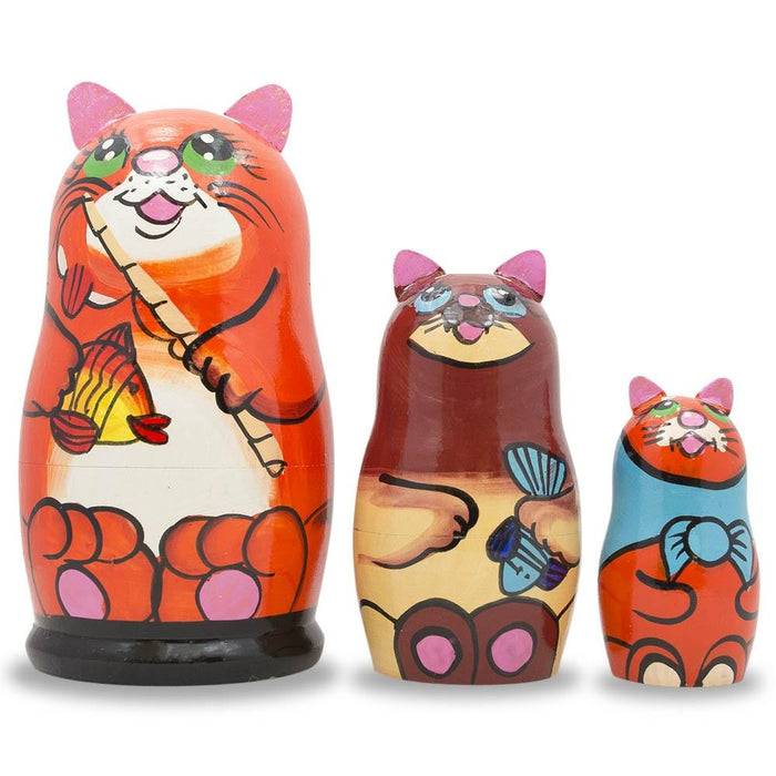 BestPysanky Set of 3 Cats With Fish and Rod Wooden Nesting Dolls 5.5 Inches