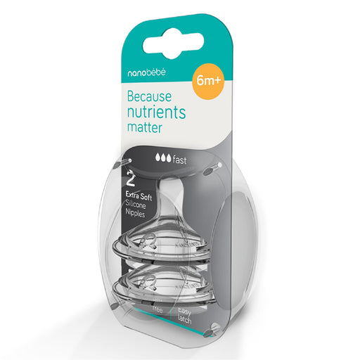 Nanobébé Silicone Baby Bottle Nipples, 5 Flow Rates, 2-Pack