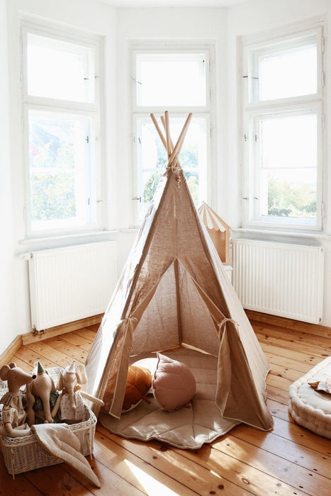 Moi Mili “Natural Linen” Teepee Tent and "White and Grey" Leaf Mat Set