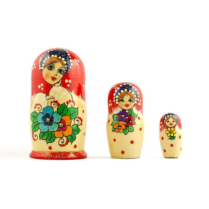 BestPysanky Set of 3 Flower Dress Girls Wooden Nesting Dolls Matryoshka 3.5 Inches