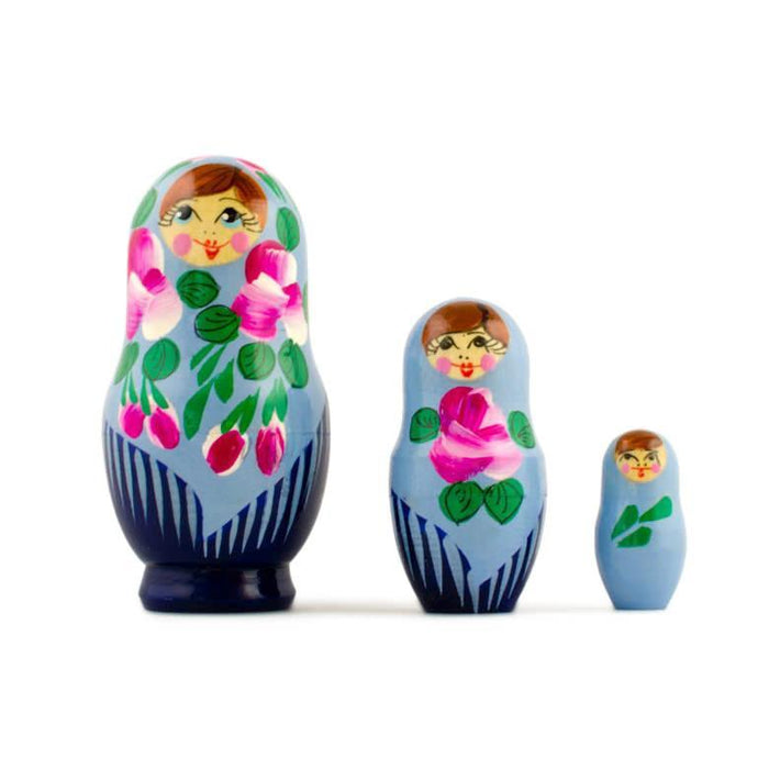 BestPysanky Set of 3 Blue Dress Wooden  Nesting Dolls 3.5 Inches