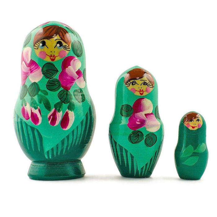 BestPysanky Set of 3 Deep Green Dress Wooden  Nesting Dolls 3.5 Inches