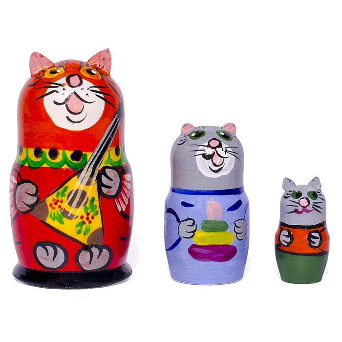 BestPysanky Set of 3 Cat with Balalaika Music Instrument Nesting Dolls 3.5 Inches