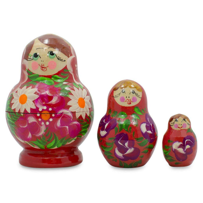 BestPysanky Set of 3 Floral Red Miniature  Nesting Dolls 3.5 Inches