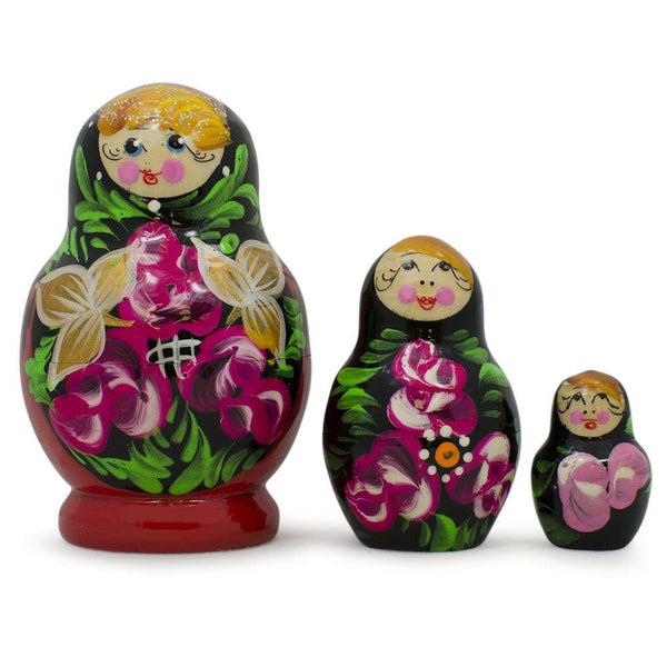 BestPysanky Set of Flowers on Black and Red Dress Nesting Dolls 3.5 Inches