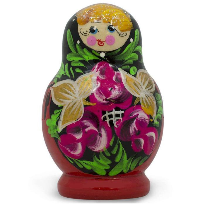 BestPysanky Set of Flowers on Black and Red Dress Nesting Dolls 3.5 Inches