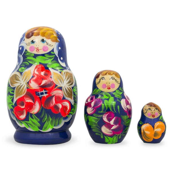 BestPysanky Set of Flowers on Blue Dress Nesting Dolls 3.5 Inches