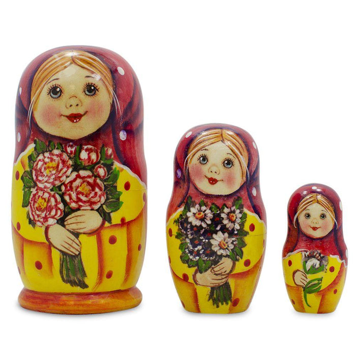 BestPysanky Set of 3 Girls with Flower Bouquet  Nesting Dolls 4.25 Inches