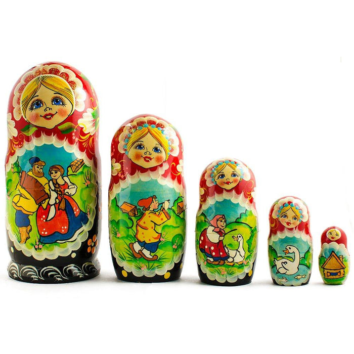 BestPysanky Set of 5 Summer in the Village Wooden Nesting Dolls 6.5 Inches