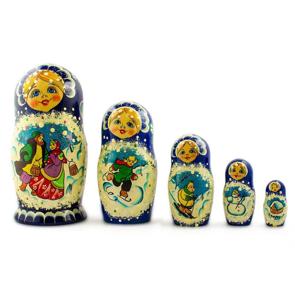 BestPysanky Set of 5 Family Christmas Celebration Wooden Nesting Dolls 6.5 Inches