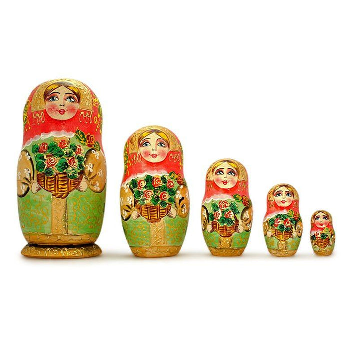 BestPysanky 5 Girls with Basket Flowers Nesting Dolls  6.5 Inches