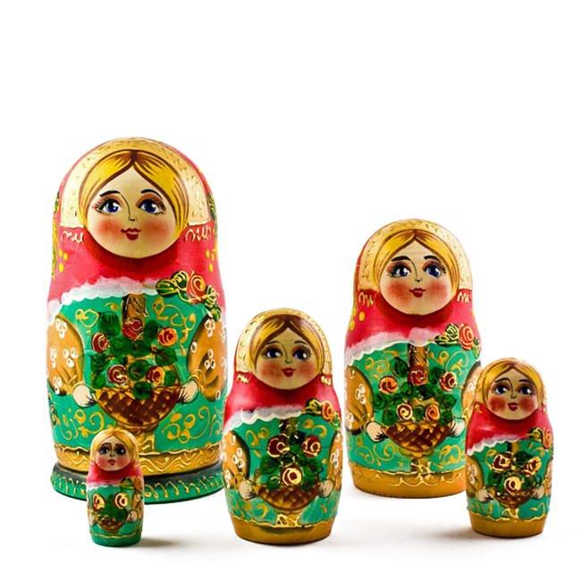 BestPysanky 5 Girls with Basket Flowers Nesting Dolls  6.5 Inches