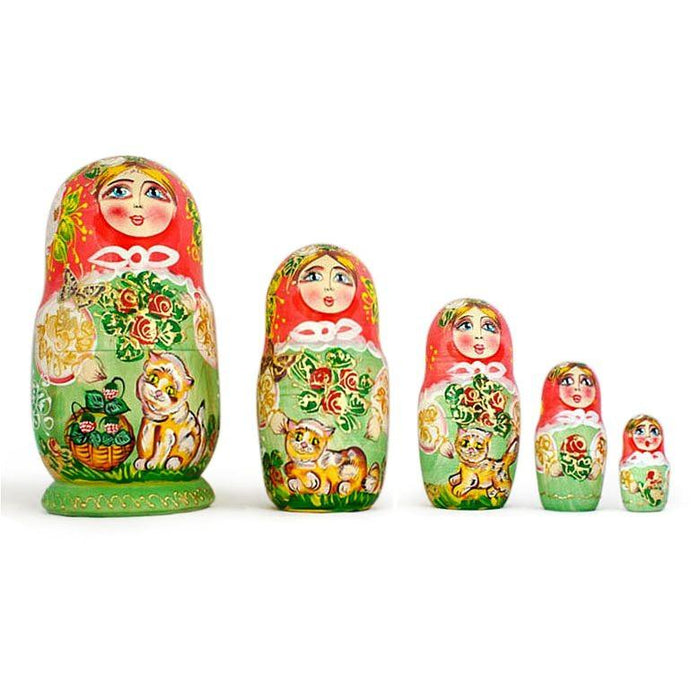 BestPysanky Set of 5 Girls with Cats Wooden Nesting Dolls 6.5 Inches