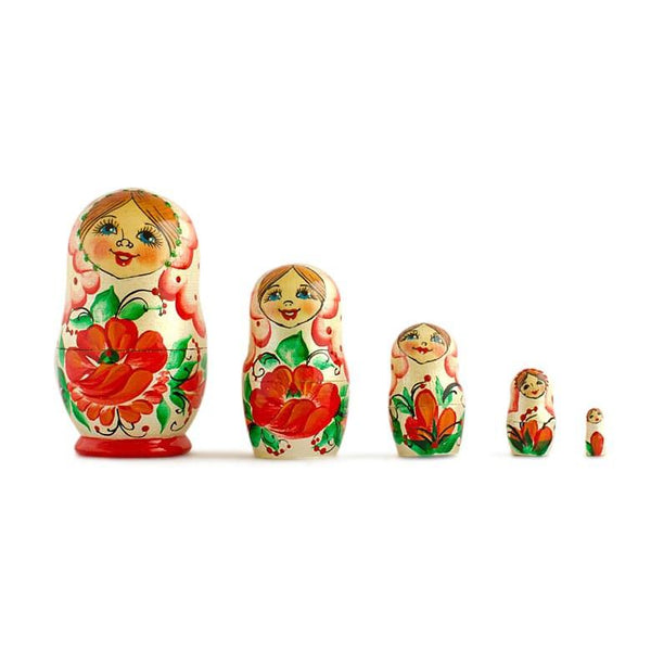 BestPysanky Set of 5 Red Poppy Flowers Dress Wooden Nesting Dolls 3.5 Inches