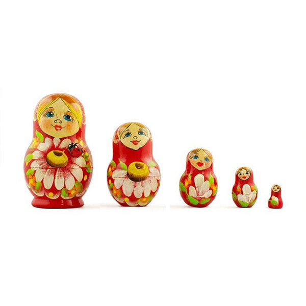 BestPysanky Set of 5 Daisy Flowers on Red Dress Nesting Dolls 3.5 Inches