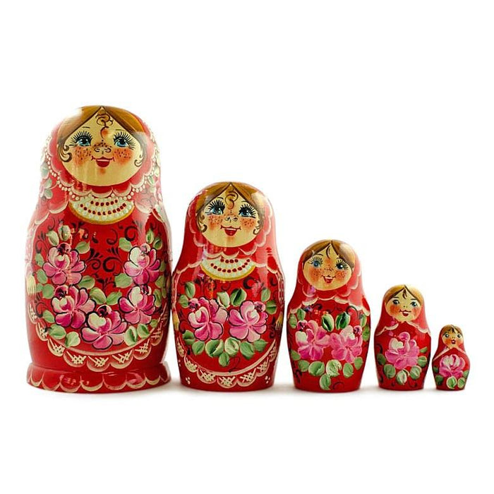 BestPysanky Set of Girls in Red Dress Wooden Nesting Dolls 7 Inches