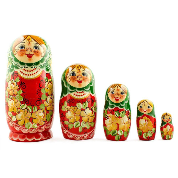 BestPysanky 5 Girl with Green Scarf and Red Dress Wooden Nesting Dolls 7 Inches