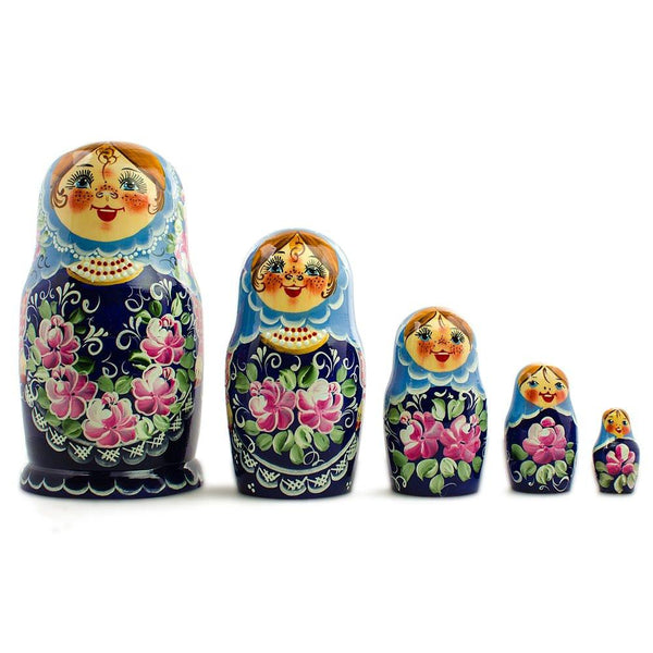 BestPysanky Set of 5 Blue Floral Dress Girls Wooden Nesting Dolls 7 Inches