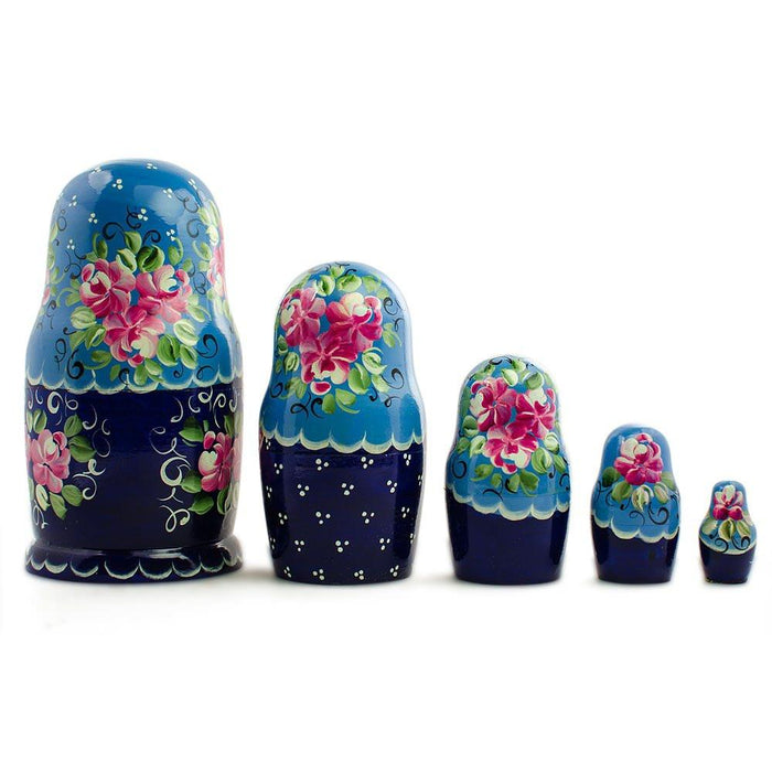 BestPysanky Set of 5 Blue Floral Dress Girls Wooden Nesting Dolls 7 Inches