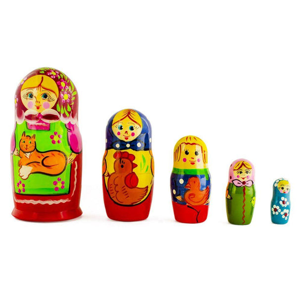 BestPysanky Set of 5 Girls with Cat, Rooster and Duck Animals Nesting Dolls 6 Inches