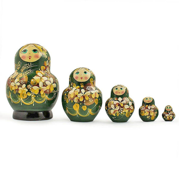 BestPysanky Set of 5 Golden Flowers on Red Dress Nesting Dolls  5 Inches