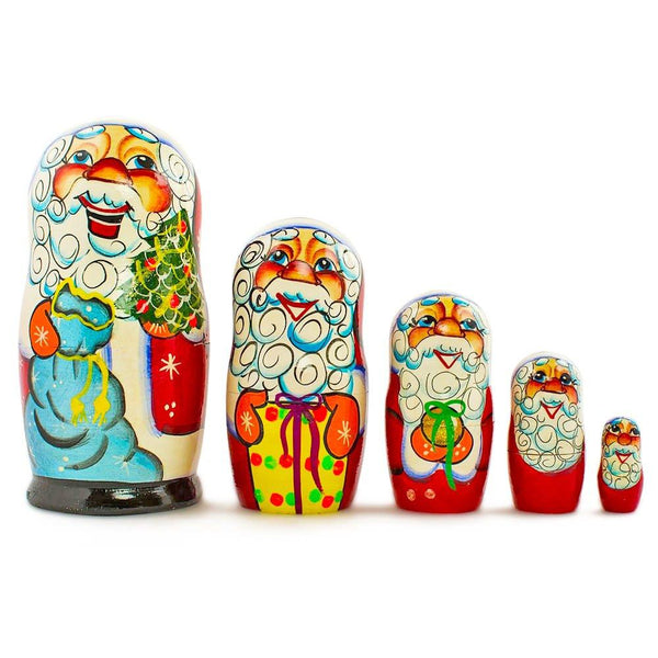 BestPysanky Set of 5 Cheerful Santa Wooden Nesting Dolls 7 Inches