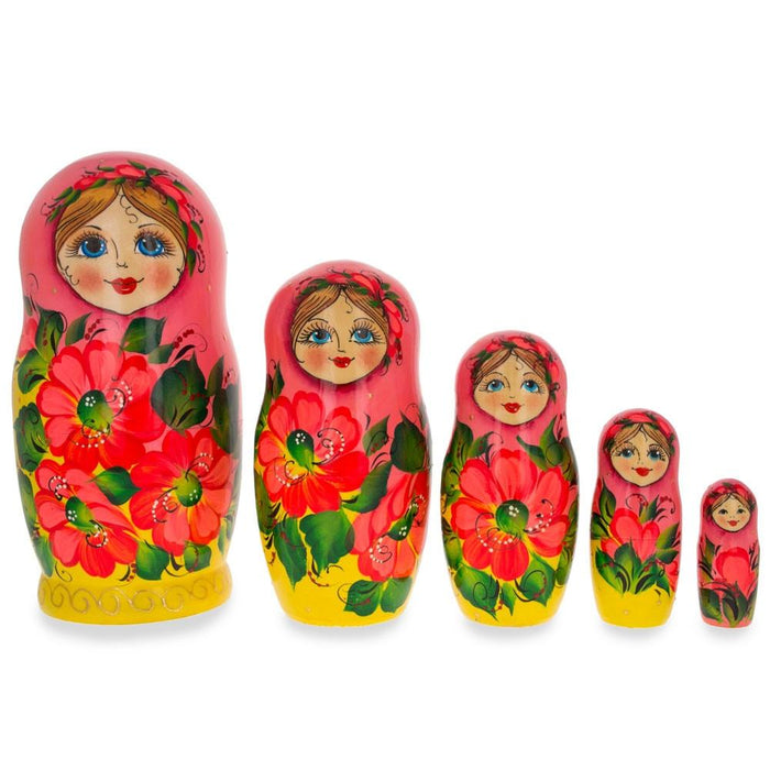 BestPysanky Set of 5 Pink Scarf and Yellow Dress Wooden Nesting Dolls 7 Inches