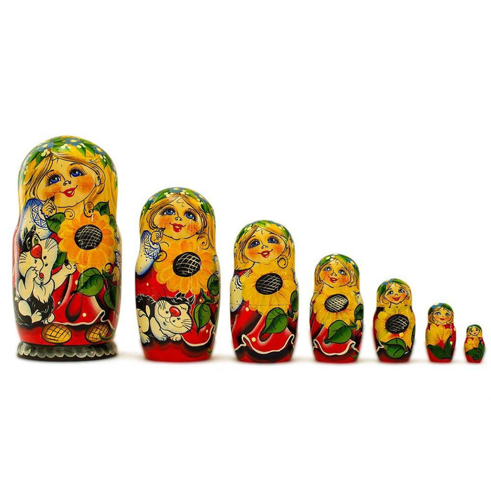 BestPysanky Set of 7 Yana with Cat in Red Dress Nesting Dolls 8.5 Inches