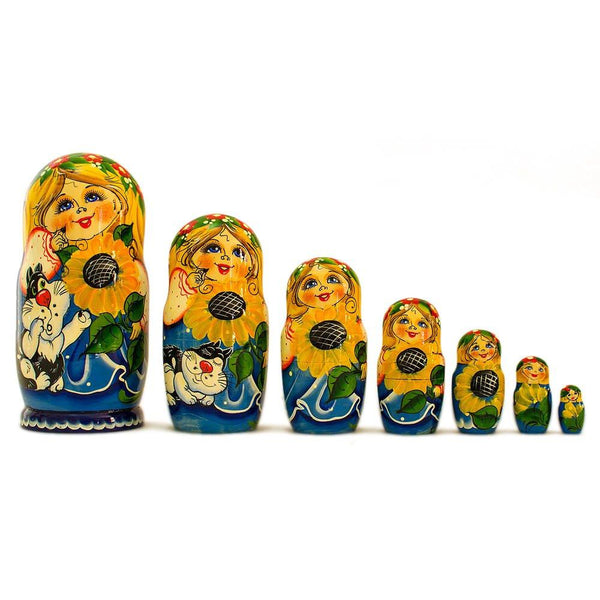 BestPysanky Set of 7 Girls with Cat in Blue Dress Nesting Dolls 8.5 Inches