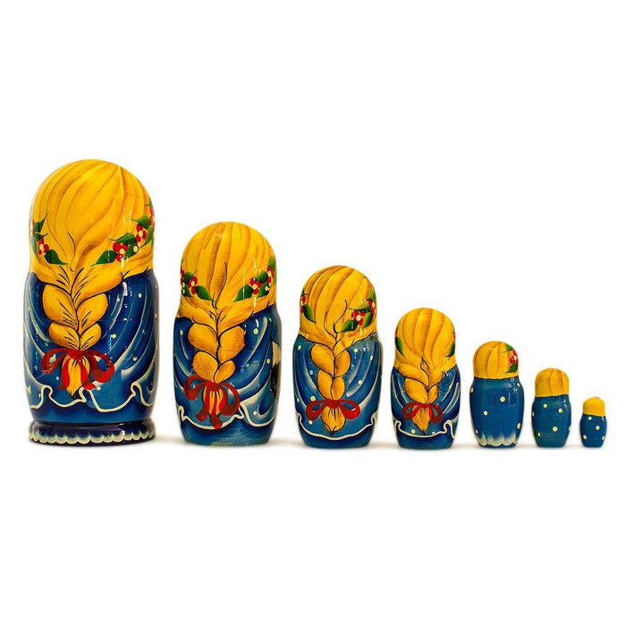 BestPysanky Set of 7 Girls with Cat in Blue Dress Nesting Dolls 8.5 Inches