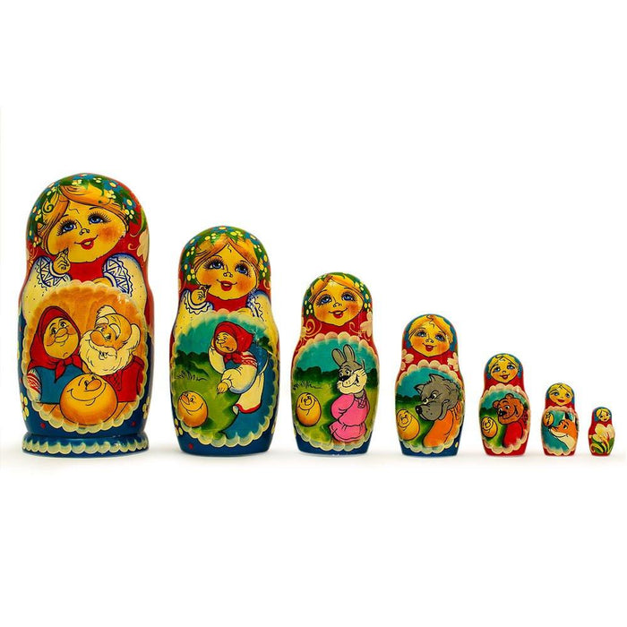 BestPysanky Set of 7 Kolobok Fairy Tale Wooden Nesting Dolls 8.5 Inches