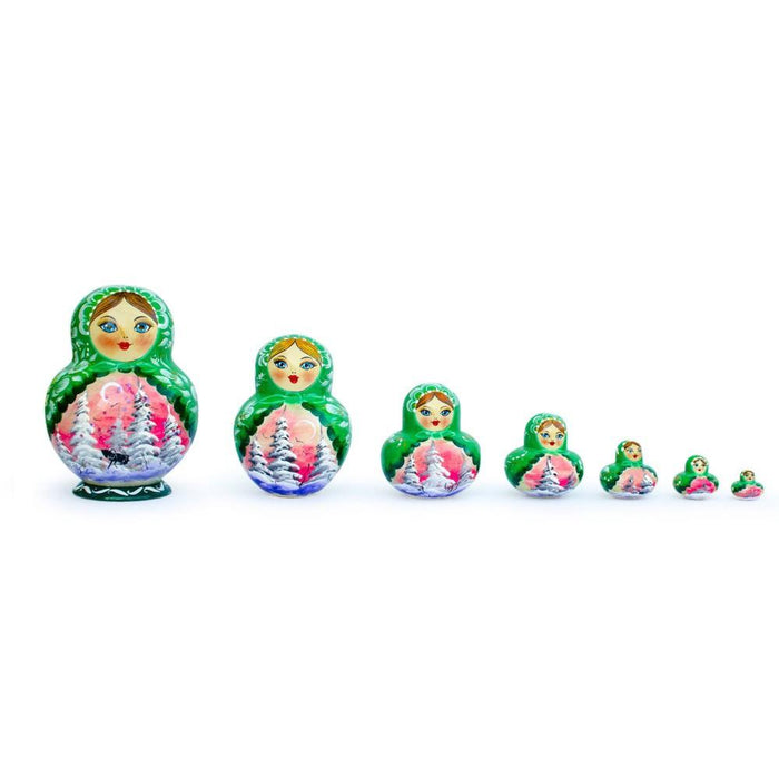 BestPysanky Set of 6 Horse in Winter Forest Green Dress Nesting Dolls 6 Inches