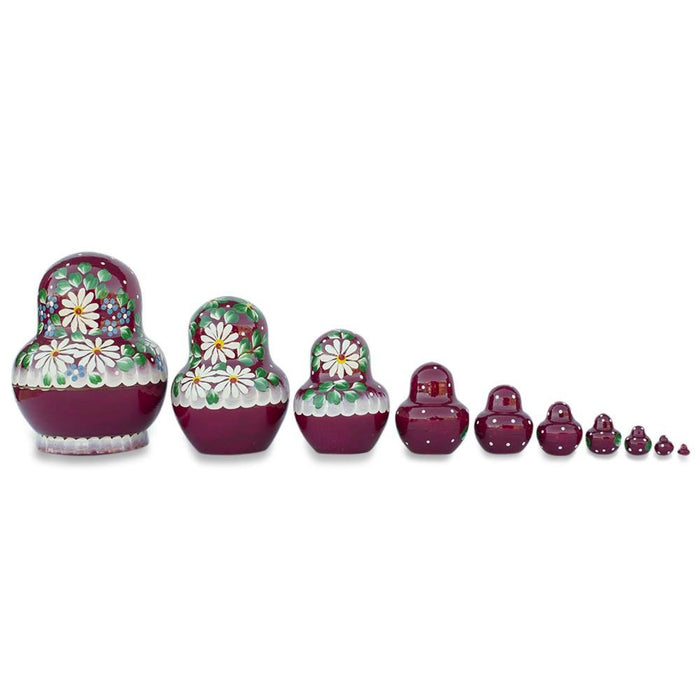 BestPysanky Set of 10 Daisy Flowers on Red Dress Nesting Dolls 5.5 Inches