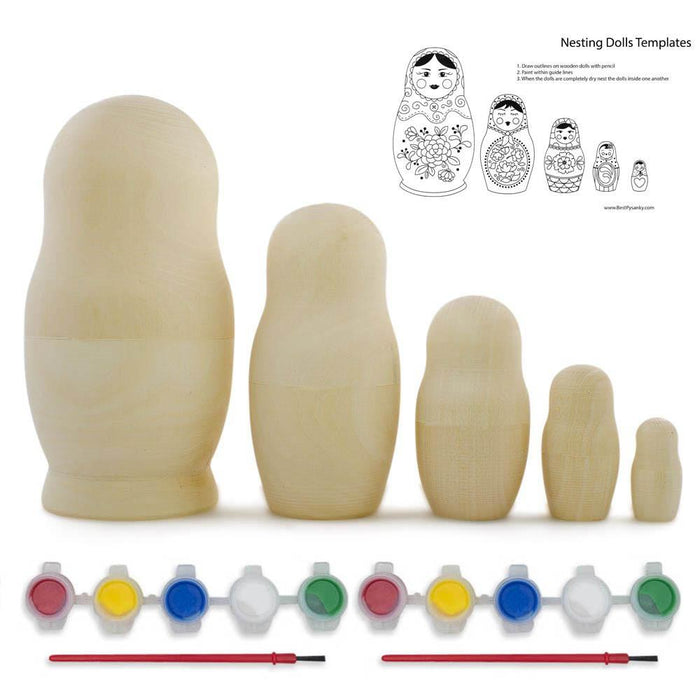 BestPysanky 5 Unfinished Wooden Nesting Dolls with Paints DIY Craft Kit 5.75 Inches