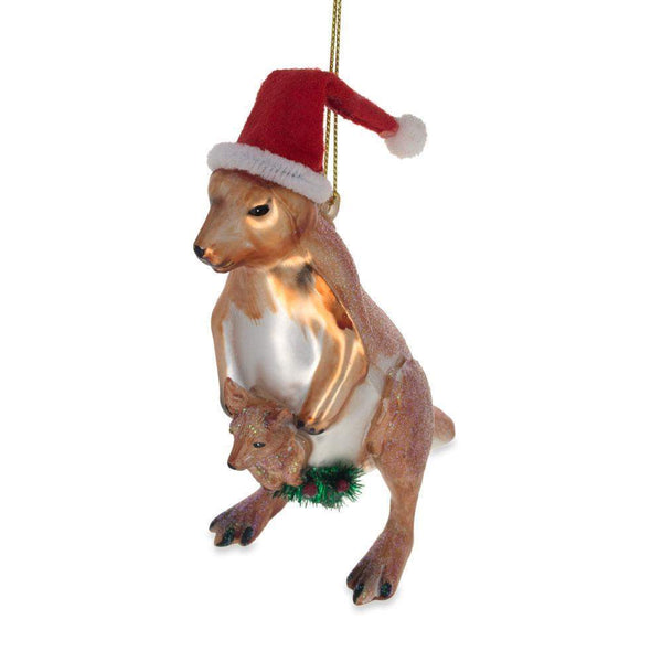 BestPysanky Santa Kangaroo Mom Carrying Baby in Pouch Blown Glass Christmas Ornament