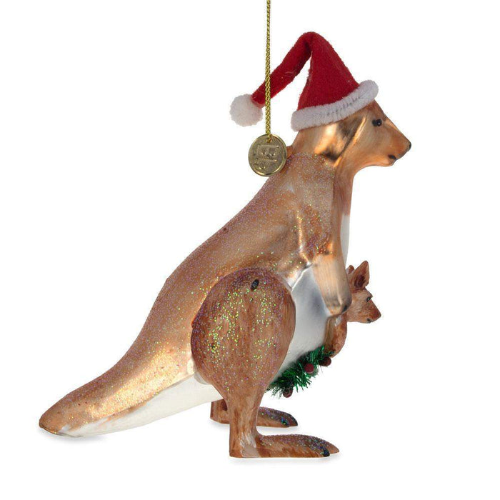 BestPysanky Santa Kangaroo Mom Carrying Baby in Pouch Blown Glass Christmas Ornament