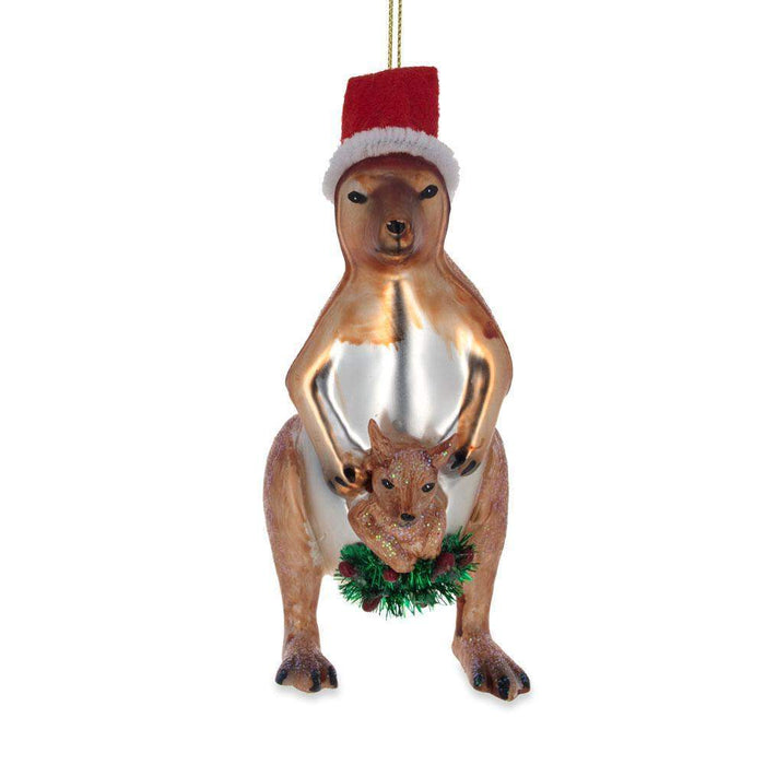 BestPysanky Santa Kangaroo Mom Carrying Baby in Pouch Blown Glass Christmas Ornament