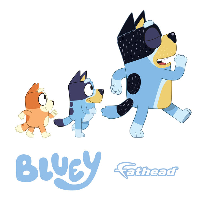 Fathead Bluey: Bandit, Bluey, Bingo Marching Icon - Officially Licensed BBC Removable Adhesive Decal